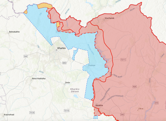 En rouge, les positions russes et en bleu, la contre-offensive ukrainienne, selon Kiev.