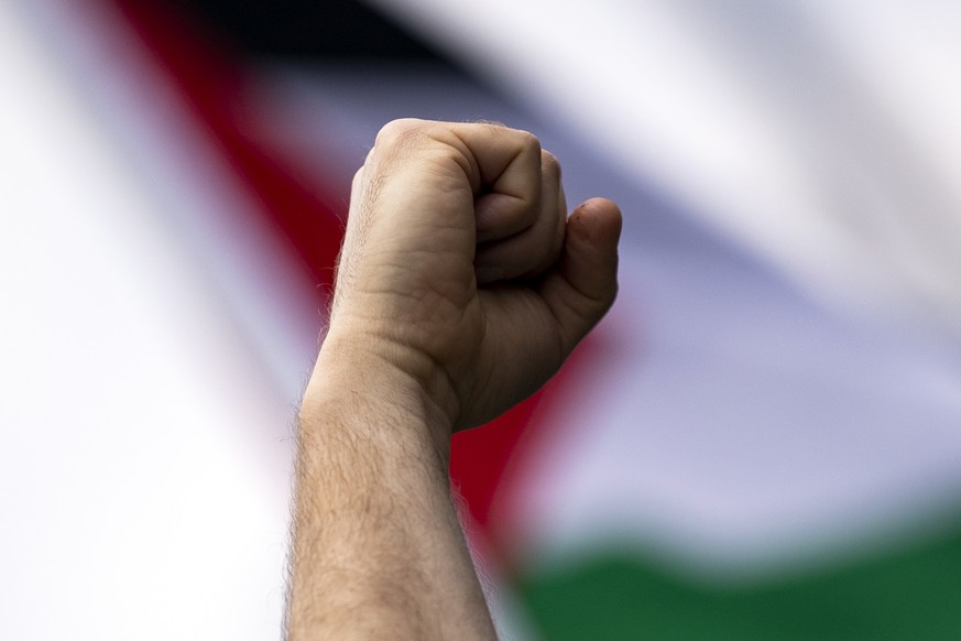 epa09203375 A man gestures as people rally in support of Palestinians near the Consulate General of Israel in Los Angeles, California, USA, 15 May 2021. Tensions have escalated between Israelis and Pa ...