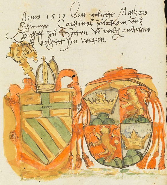 Armoiries de Mathieu Schiner dans la chronique de l’abbaye d’Hauterive, entre 1614 et 1638.
https://www.e-codices.unifr.ch/de/kbt/y096/20r