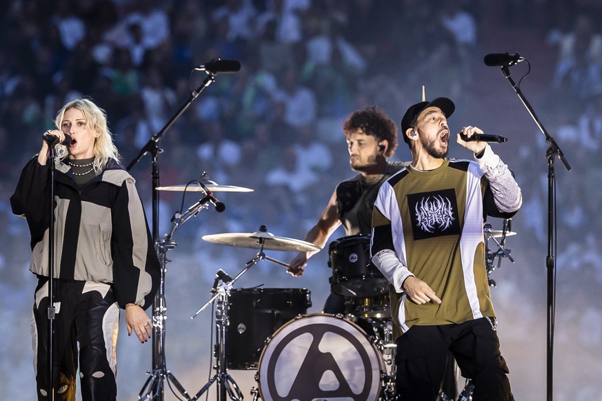 Linkin Park performs before the Champions League final soccer match between Paris Saint-Germain and Inter Milan at the Allianz Arena in Munich, Germany, on Saturday, May 31, 2025.(KEYSTONE/Michael Buh ...