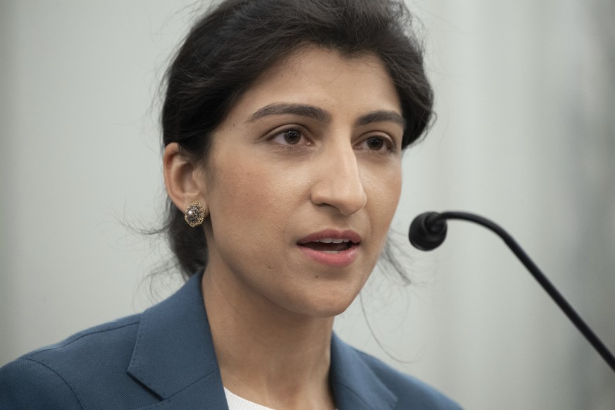 FILE - In this April 21, 2021, file photo, Lina Khan, nominee for Commissioner of the Federal Trade Commission (FTC), speaks during her confirmation hearing on Capitol Hill in Washington. Khan was swo ...