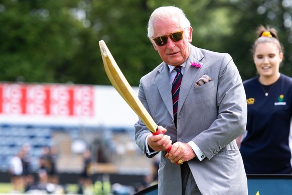 CARDIFF, WALES - JULY 09: Prince Charles, Prince of Wales plays cricket at Sofia Gardens Cricket Ground on July 9, 2021 in Cardiff, United Kingdom. (Photo by Polly Thomas/Getty Images)