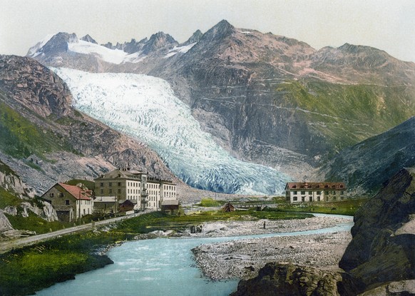 gemälde rhonegletscher gletscherzunge 1900 / https://commons.wikimedia.org/wiki/File:Gletch_und_Rhonegletscher_um_1900.jpeg