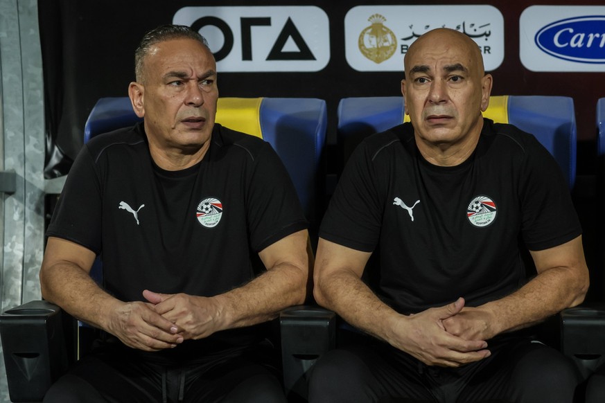 Egypt. Cairo - 6 September 2024 - brothers, assistant coach Ibrahim Hassanhead coach Hossam Hassan of Egypt looks on during the Africa Cup of Nations qualification match between Egypt and Cape Verde a ...