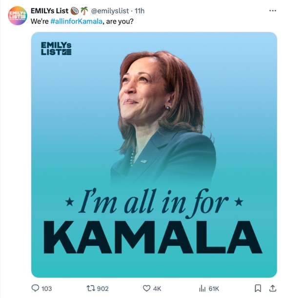Le PAC Emily&#039;s List a agrémenté son nom d&#039;utilisateur d&#039;une noix de coco et d&#039;un cocotier, un clin d&#039;oeil à Kamala Harris.