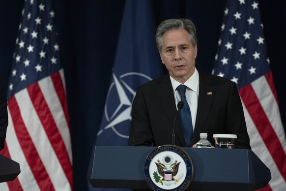 Secretary of State Antony Blinken speaks during a news conference with NATO Secretary General Jens Stoltenberg at the State Department, Monday, Jan. 29, 2024, in Washington. (AP Photo/Manuel Balce Cen ...