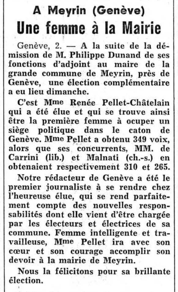 Article du journal La sentinelle sur l’élection de Renée Pellet, 3 octobre 1960.
https://www.e-newspaperarchives.ch/?a=d&amp;d=LSE19601003-01.2.65&amp;e=------196-de-20--1--img-txIN-ren%C3%A9e+pellet- ...