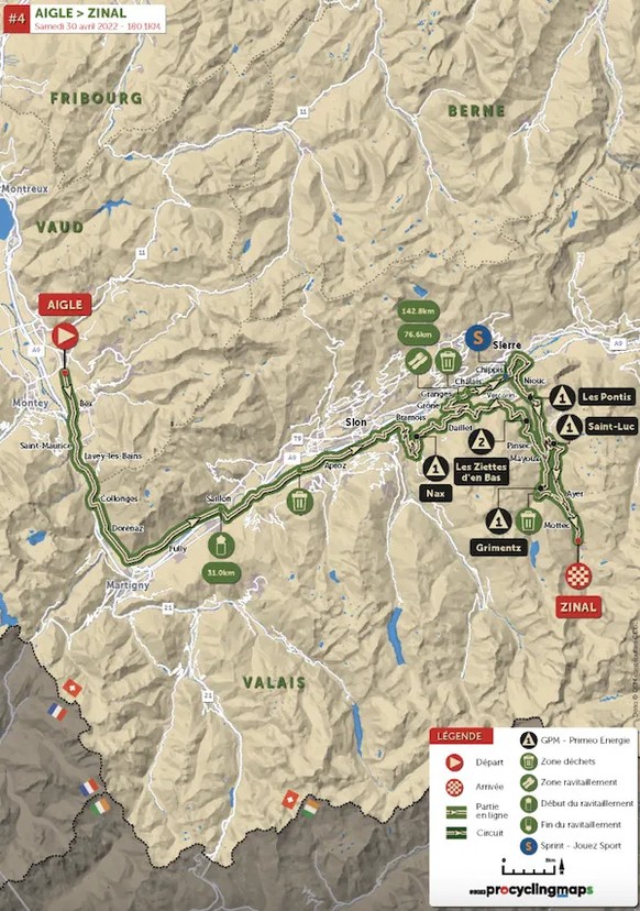 Le parcours entre Aigle et Zinal/Val d'Anniviers se fera sur 180,1 km.