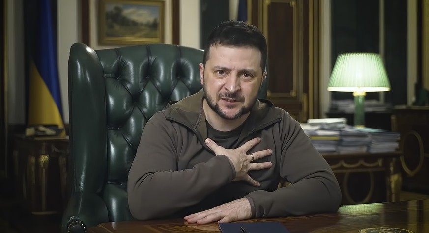 In this image from video provided by the Ukrainian Presidential Press Office, Ukrainian President Volodymyr Zelenskyy speaks from Kyiv, Ukraine, Saturday, April 16, 2022. (Ukrainian Presidential Press ...