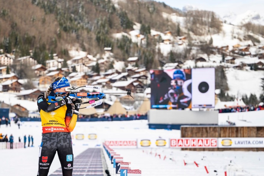 LE GRAND BORNAND, FRANCE - DECEMBER 21: Franziska Preuss of Germany at the shooting range during the last shooting at the Women 10 km Pursuit at the BMW IBU World Cup Biathlon Annecy-Le Grand Bornand  ...
