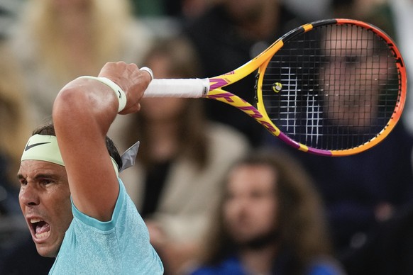 Spain&#039;s Rafael Nadal plays a shot against Germany&#039;s Alexander Zverev during their first round match of the French Open tennis tournament at the Roland Garros stadium in Paris, Monday, May 27 ...