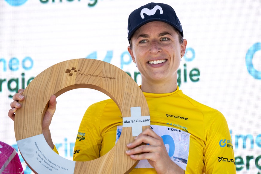 KEYPIX - The winner of the Tour de Suisse Marlen Reusser from Switzerland of Movistar Team celebrates during the podium ceremony of the finish of the fifth and final stage, a 100 km race with start an ...