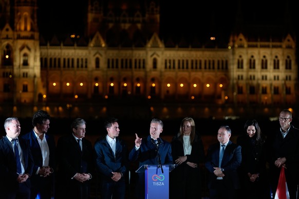 Peter Magyar, the leader of the opposition Tisza party, addresses supporters after claiming victory in a parliamentary election in Budapest, Hungary, Sunday, April 12, 2026. (AP Photo/Darko Bandic)
Pe ...