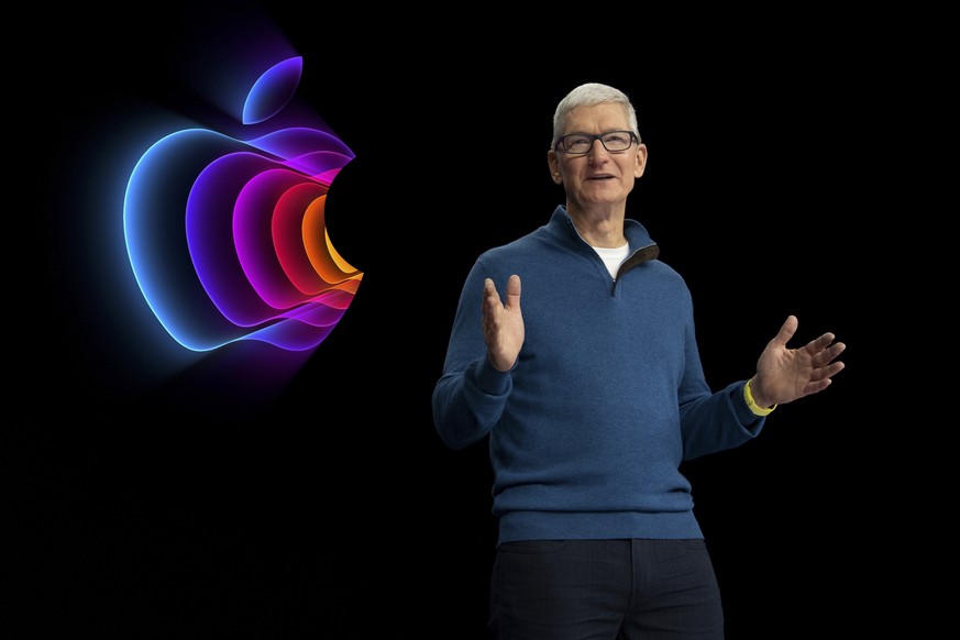 epa09810885 A handout photo made available by Apple shows Apple CEO Tim Cook announcing a new lineup of products during the Apple Keynote event at Apple headquarters in Cupertino, California, USA, 08 ...
