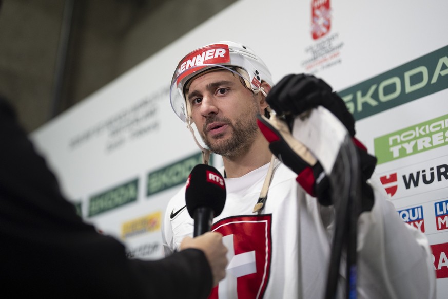 Nino Niederreiter (CHE) speaks with journalists in the mixed zone after a training of team Switzerland in the practice rink in the Swiss Life Arena in Zuerich, Switzerland on Wednesday, 13. May 2026.  ...