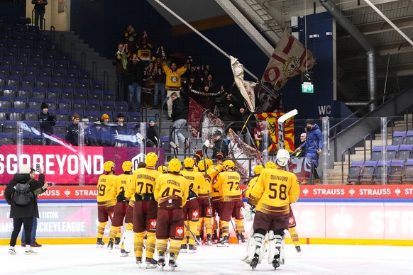 Servette&#039;s players are celebrating with fans after their victory in the second leg of the Champions Hockey League semi final game between Finland&#039;s Rauma Lukko and Switzerland&#039;s Servett ...