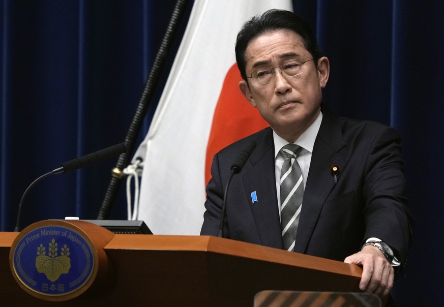 Japanese Prime Minister Fumio Kishida attends a news conference at the prime minister&#039;s office in Tokyo, Japan, Wednesday, Dec. 13, 2023. (Franck Robichon/Pool Photo via AP)