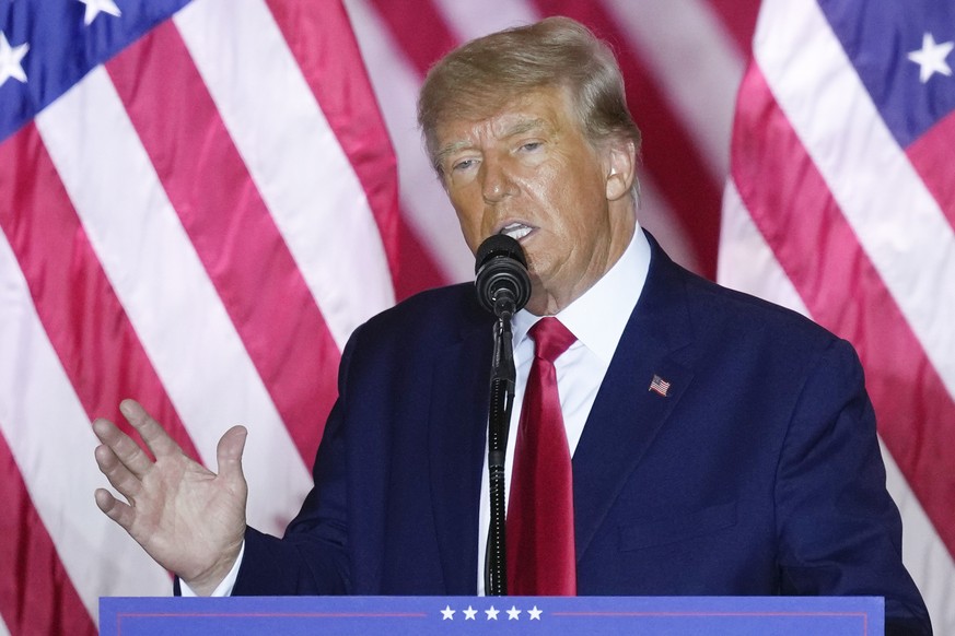 FILE - Former President Donald Trump speaks as he announces a third run for President, at Mar-a-Lago in Palm Beach, Fla., Nov. 15, 2022. Trump and his aides are bracing for a potential indictment in t ...