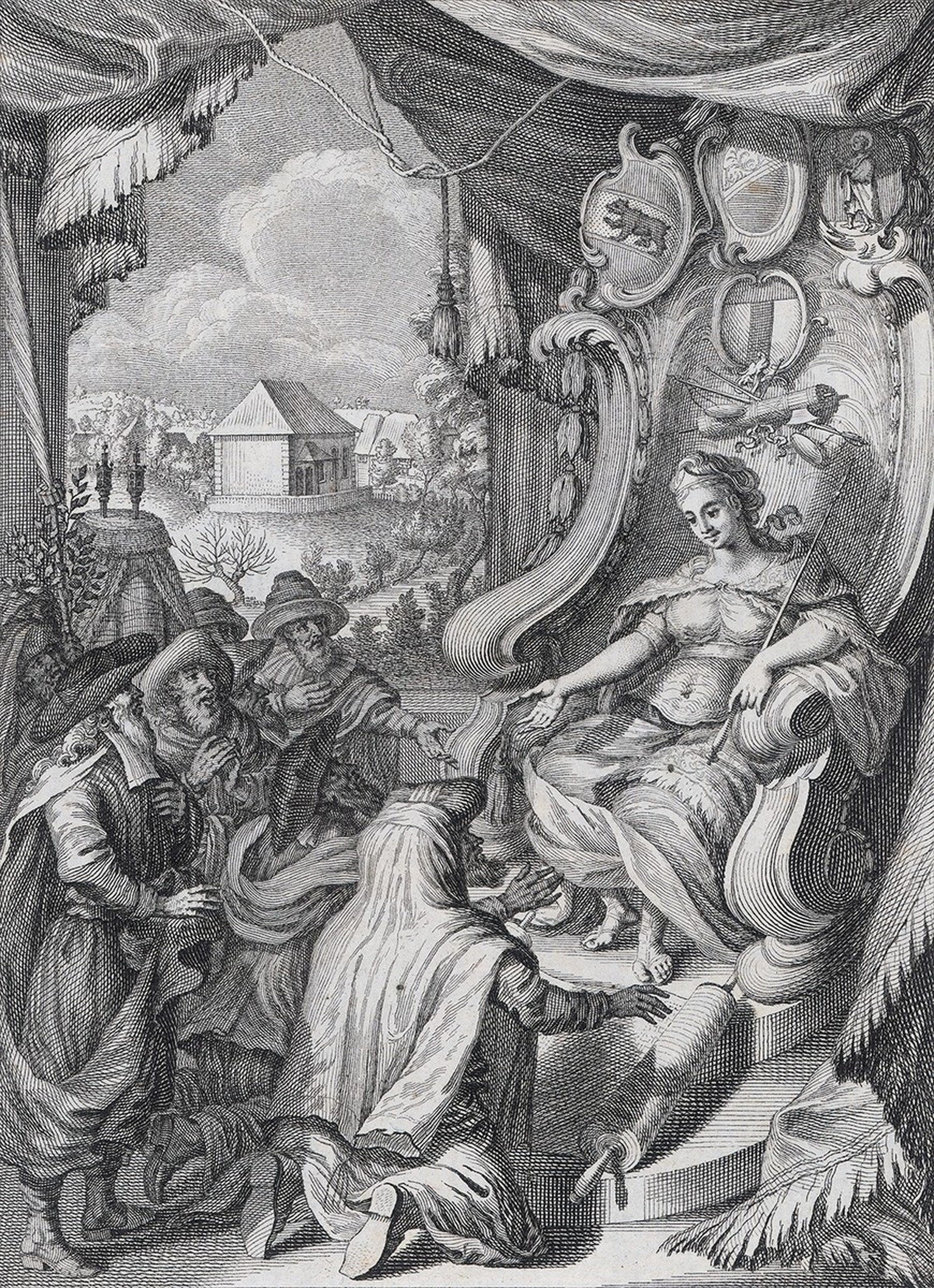 Gravure de Johann Rudolf Holzhalb: Les juifs de Lengnau et d&#039;Endingen rendent hommage à une figure allégorique. Dans l’ancienne Confédération, tous les seize ans, les juifs devaient acheter au ba ...