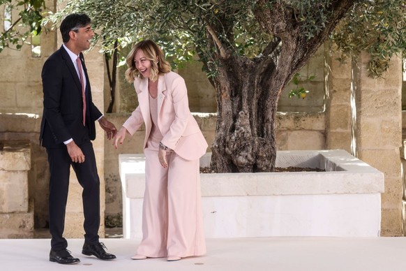 FASANO, ITALY - JUNE 13: Giorgia Meloni, Italy's Prime Minister, welcomes Rishi Sunak, Prime Minister of the United Kingdom during the first day of the G7 meeting at Borgo Egnazia resort, on June ...