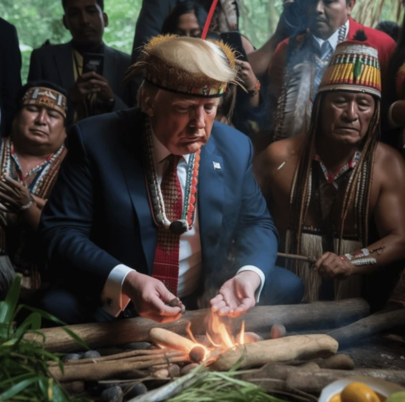 Un Trump généré par l&#039;IA, en pleine séance d&#039;Ayahuasca dans la jungle.