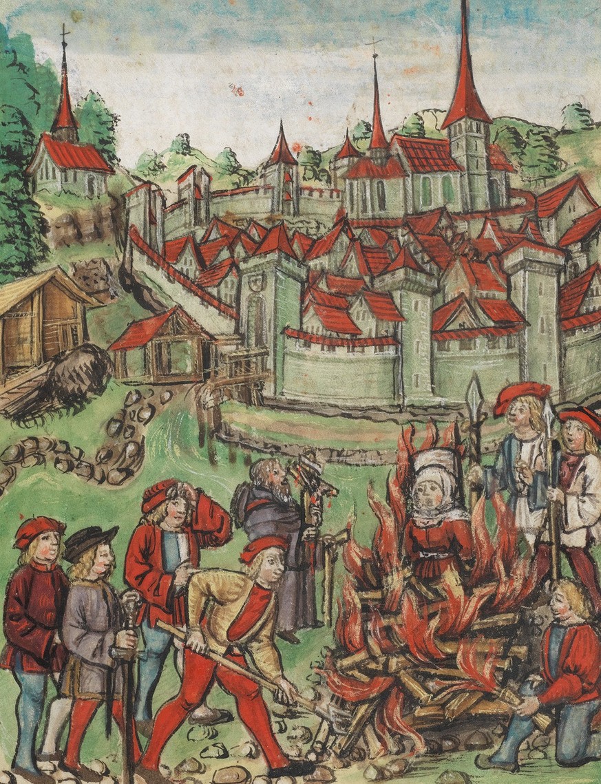 Pour un prétendu vol d&#039;hostie, Anna Vögtlin est brûlée comme sorcière en 1447 à la porte inférieure devant la petite ville de Willisau.
https://www.e-codices.unifr.ch/de/kol/S0023-2//121