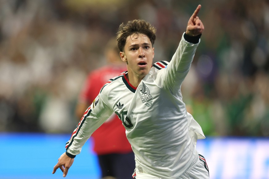 epa13062575 Mateo Chavez of Mexico celebrates after scoring a goal during the FIFA World Cup 2026 group stage match Czech Republic against Mexico in Mexico City, Mexico, 24 June 2026. EPA/ISAAC ESQUIV ...