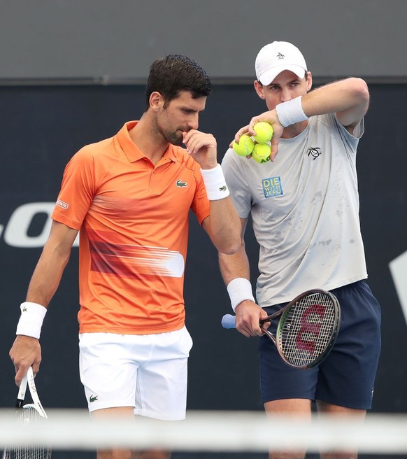 ADELAIDE, AUSTRALIA - JANUARY 02: Novak Djokovic of Serbia and Vasek Pospisil of Canada compete against against Tomislav Brkic of Bosnia and Herzegovina and Gonzalo Escobar of Ecuador during day two o ...