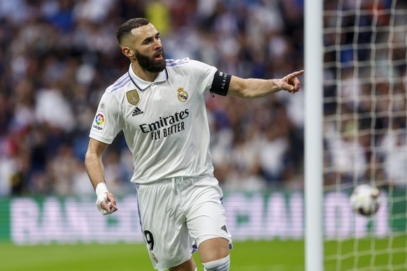 epa10651030 Real Madrid&#039;s striker Karim Benzema celebrates after scoring the 1-0 during the Spanish LaLiga soccer match between Real Madrid and Rayo Vallecano, in Madrid, Spain, 24 May 2023. EPA/ ...