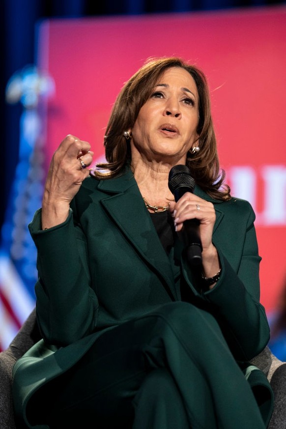 ROYAL OAK, MICHIGAN - OCTOBER 21: Democratic presidential nominee, Vice President Kamala Harris, speaks at a town hall with former U.S. Rep. Liz Cheney (R-WY) at the Royal Oak Music Theatre on October ...