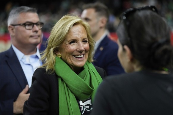 Former first lady Jill Biden smiles on the field before the NFL Super Bowl 59 football game between the Kansas City Chiefs and the Philadelphia Eagles, Sunday, Feb. 9, 2025, in New Orleans. (AP Photo/ ...