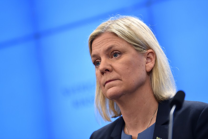 Swedish Social Democratic Party leader and newly appointed Prime Minister Magdalena Andersson during a press conference after the budget vote in the Swedish parliament in Stockholm, Wednesday, Nov. 24 ...