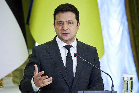 FILE - In this photo provided by the Ukrainian Presidential Press Office, Ukrainian President Volodymyr Zelenskyy gestures during a joint news conference with Estonian President Alar Karis following t ...