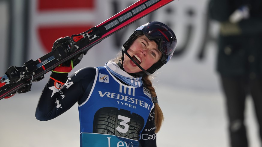 United States&#039; Mikaela Shiffrin celebrates after winning an alpine ski, women&#039;s World Cup slalom, in Levi, Finland, Saturday, Nov. 15, 2025. (AP Photo/Marco Trovati)
APTOPIX Finland Alpine S ...