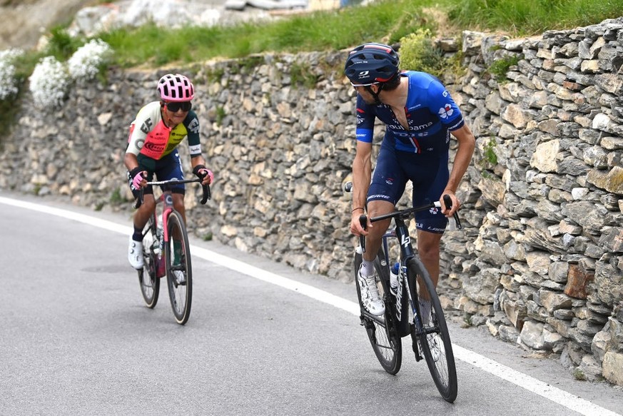 CRANS-MONTANA, SWITZERLAND - MAY 19: (L-R) Jefferson Alexander Cepeda of Ecuador and Team EF Education-EasyPost and Thibaut Pinot of France and Team Groupama - FDJ attack during the 106th Giro d' ...