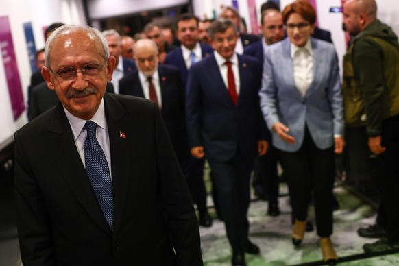 epa10628771 Turkish presidential candidate Kemal Kilicdaroglu (L), leader of the opposition Republican People&#039;s Party (CHP), and leaders of Nation Alliance attend a press conference at CHP&#039;s ...