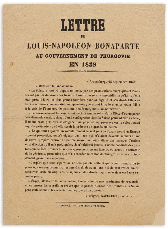 Le 28 septembre 1838, le prince fait part de sa décision de quitter la Suisse dans une lettre adressée au canton de Thurgovie.
https://permalink.nationalmuseum.ch/100131773