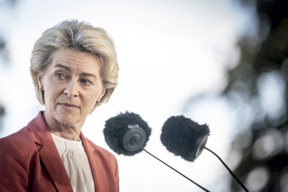 EU Commission President Ursula von der Leyen attends a press conference after a meeting during the Baltic Sea Energy Security Summit at Marienborg, north of Copenhagen, Tuesday Aug. 30, 2022. (Mads Cl ...