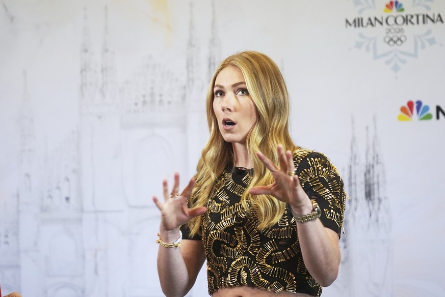 Mikaela Shiffrin, U.S. World Cup alpine skier, is interviewed at a NBCUniversal and U.S. Olympic &amp; Paralympic Committee press preview event to promote the upcoming Milano Cortina 2026 Olympic and  ...