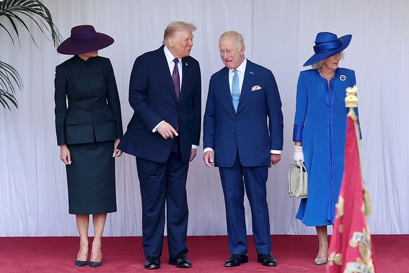 WINDSOR, ENGLAND - SEPTEMBER 17: First Lady Melania Trump, U.S. President Donald Trump, King Charles III and Queen Camilla during the State visit by the President of the United States of America at Wi ...