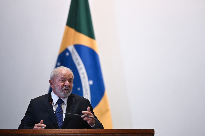 epa10664003 President of Brazil, Luiz Inacio Lula da Silva, speaks during a press conference after the meeting with the presidents of the region during the South American Presidents&#039; Summit held  ...