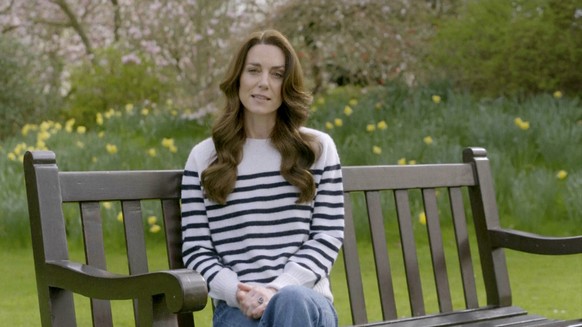 This grab taken from a video released by the BBC Studios on Friday March 22, 2024, shows Britain&#039;s Kate, the Princess of Wales recording her message announcing that following her abdominal surger ...