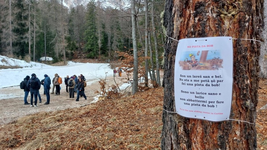 «Je suis un mélèze beau et sain. Ne me coupez pas pour construire une piste de bob», pouvait-on lire cette semaine sur certains arbres à Cortina.