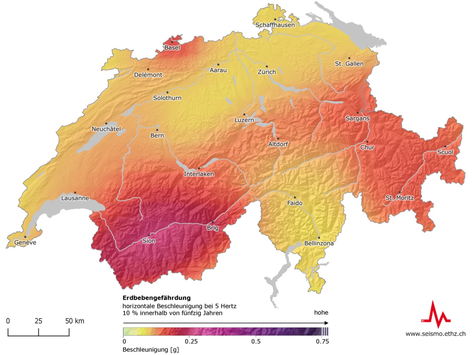 Carte de l'aléa sismique en Suisse.