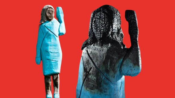 A gauche, la première version de la statue intacte. A droite, la même, mais cramée. Les reste furent exposés un temps dans le cadre d'une exposition dans la ville slovène de Kroper, intitulée «F**k Of ...