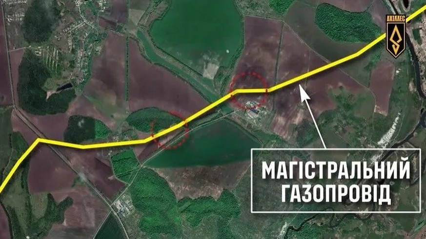 Le graphique du régiment ukrainien «Achilles» montre le tracé du pipeline sous la rivière Oskil à Kupjansk.