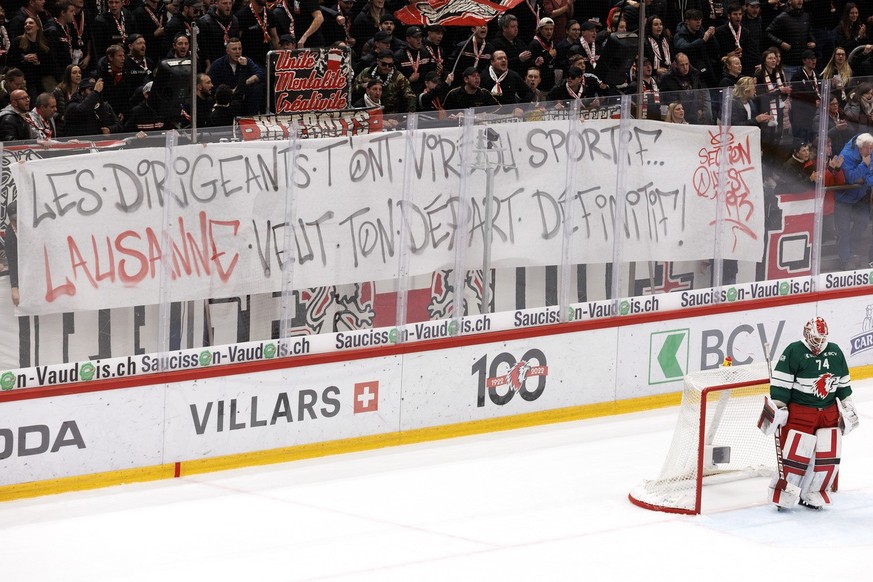 A banner is displayed by Lausanne&#039;s supporters, during a National League regular season game of the Swiss Championship between Lausanne HC and SC Bern, at the Vaudoise Arena in Lausanne, Switzerl ...