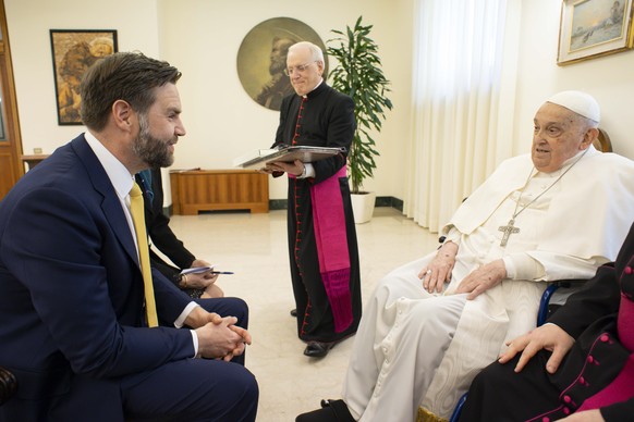 Pope Francis receives U.S. Vice President JD Vance, left, before bestowing the Urbi et Orbi (Latin for to the city and to the world) blessing at the end of the Easter mass presided over by Cardinal An ...