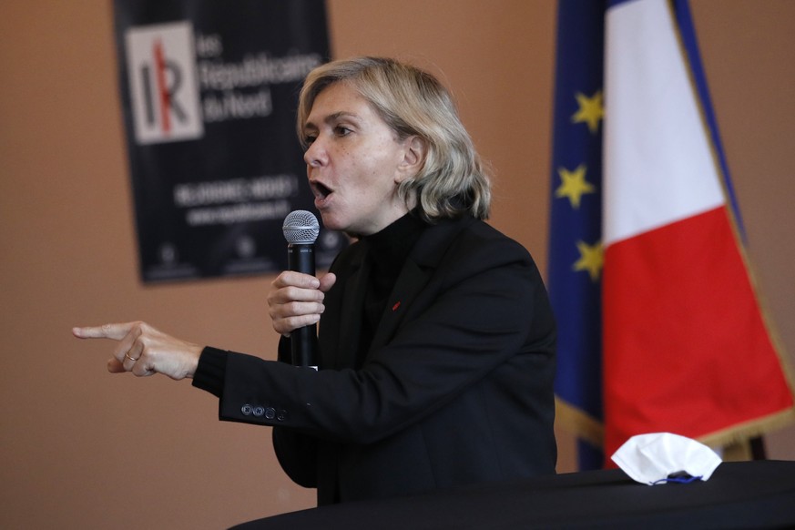Valérie Pécresse, candidate for the French presidential election 2022, delivers a speech during a meeting in La Madeleine, northern France, Friday, Dec. 10, 2021. The first round of the 2022 French pr ...