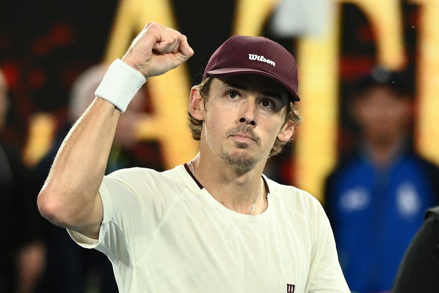 epa12679405 Alex de Minaur of Australia celebrates winning the Men's 4th round match against Alexander Bublik of Kazakhstan on day 8 of the 2026 Australian Open tennis tournament in Melbourne, Au ...